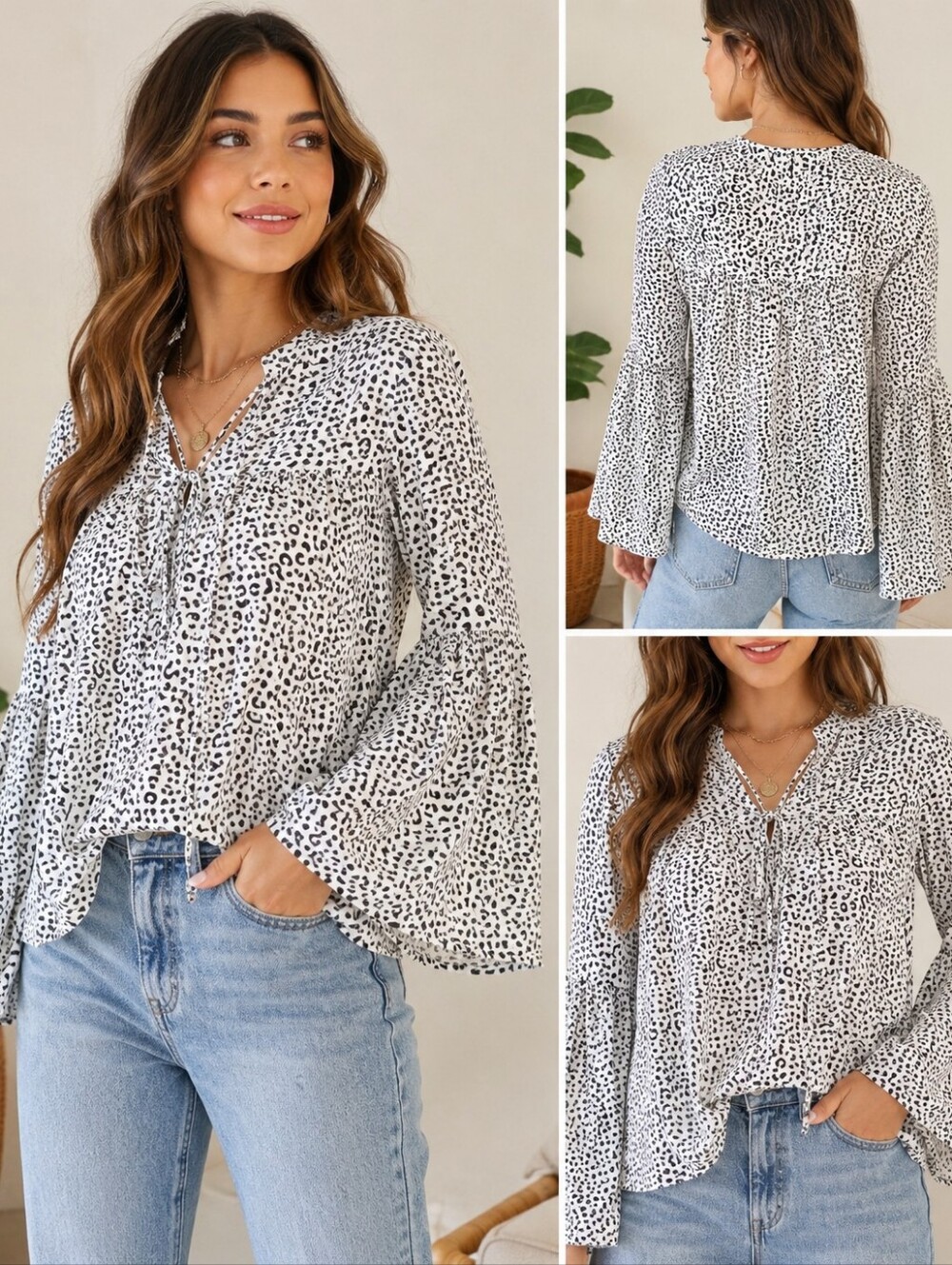 Who What Wear 100% Cotton Leopard Print Boho Peasant Bell Sleeve Tie Neck Blouse
